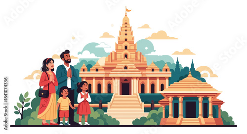 A happy Indian family with two children in prayer pose visiting a grand Hindu temple.