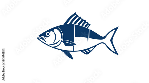 A stylized, dark blue graphic of a fish, showcasing its form and fin details.