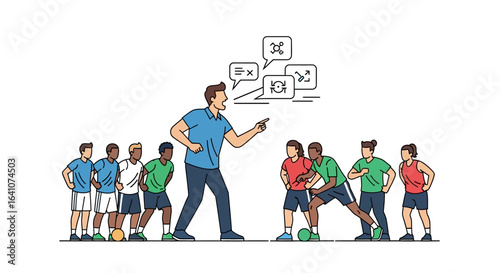A male coach in a blue shirt explains game strategy to a diverse youth sports team, using tactical icons in speech bubbles.