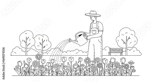 A line art illustration of a gardener in a hat and overalls watering a flower bed.