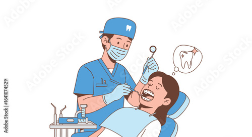 A male dentist in blue uniform and mask examines a female patient's teeth in a dental chair, who dreams of a healthy tooth.