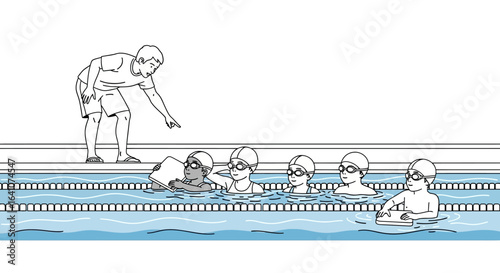 A male coach pointing and instructing a group of children with kickboards in a swimming pool.