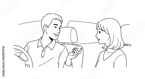 A simple black and white line art illustration of a young couple talking while sitting inside a car.