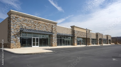 Commercial Real Estate: Modern Strip Mall Facade with Stone Accents and Ample Parking on a Sunny Day