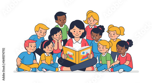 A smiling female teacher reads a picture book to a diverse group of attentive children sitting together.