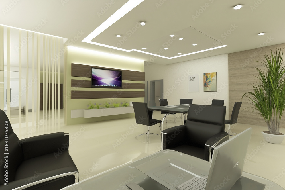 Fototapeta premium Modern Corporate Boardroom with Sleek Design and Advanced Presentation Setup