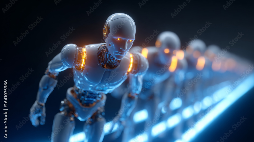 Fototapeta premium Robotic Runners of Future: A line of sleek, futuristic robots poised in a runner's stance, illuminated with glowing accents, ready to compete in a race.