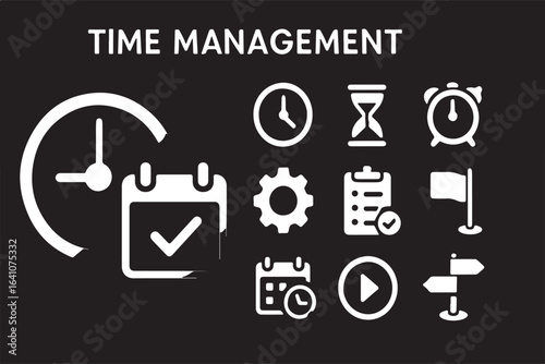 Time management icons clock calendar gear play button