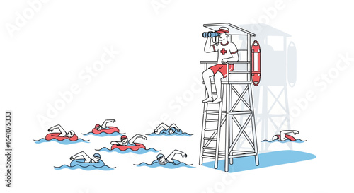 A vigilant lifeguard on a high tower watches over swimmers with binoculars. Minimalist line art illustration with red and blue accents.