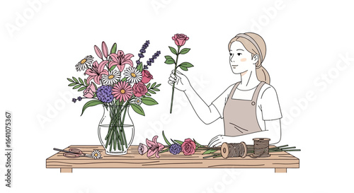 A young female florist in an apron carefully arranging a beautiful bouquet of fresh flowers at her workbench.
