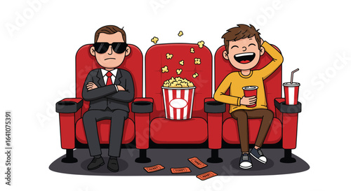 Two people in a movie theater, one unhappy, the other enjoying popcorn and a drink.