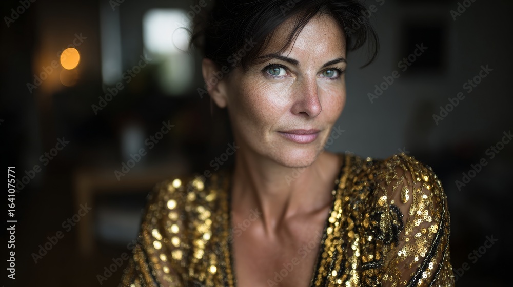 custom made wallpaper toronto digitalAmerican woman 50 years old in blouse with gold sequins at home, female portrait, closeup