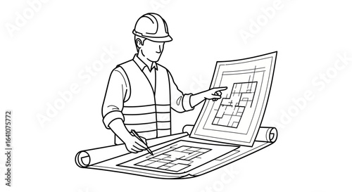 Architect reviewing detailed building blueprints with a pen and pointing finger