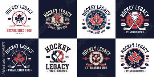 Vintage Hockey Legacy emblem set with maple leaf sticks and pucks for Canadian sports branding and t shirt design