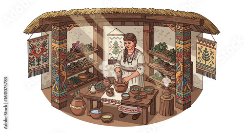 Ancient Woman Grinding Herbs in Traditional Herbalist's Workshop