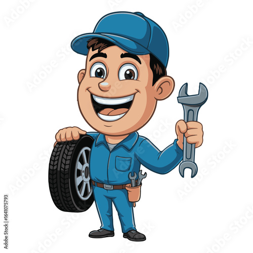 Cartoon Mechanic with Wrench and Tire – Automotive Repair Character Illustration