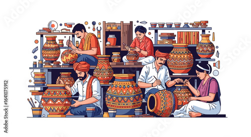 Artisans meticulously hand-painting large, ornate terracotta pots with vibrant geometric patterns and intricate details.