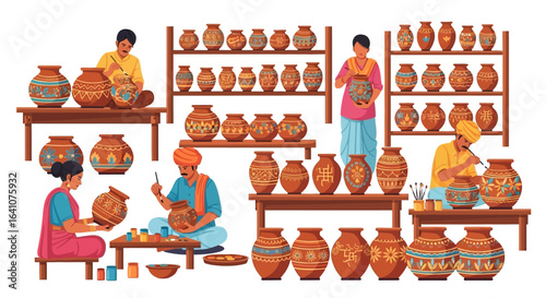 Artisans meticulously painting traditional terracotta pottery with intricate designs