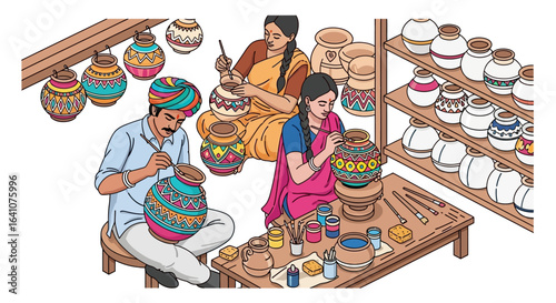 Artisans meticulously painting vibrant, patterned pottery in a traditional workshop setting.