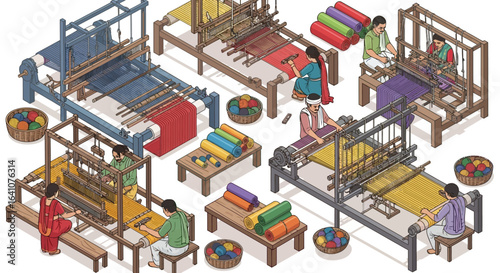 Artisans Skillfully Operating Traditional Textile Looms with Colorful Threads