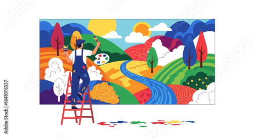 Artist in blue overalls on a red ladder painting a vibrant, colorful landscape mural with a palette and brush.