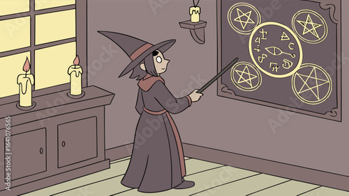 A witch pointing a wand at a chalkboard with pentagrams and symbols in a dimly lit room with candles
