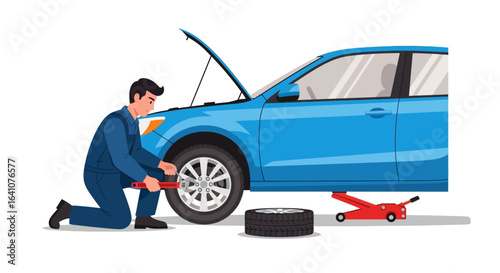 Auto mechanic in a blue uniform changing a wheel on a blue car with an open hood and jack.
