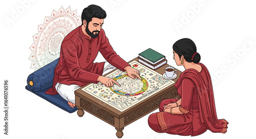 Astrologer Consulting Client with Detailed Zodiac Chart and Tea