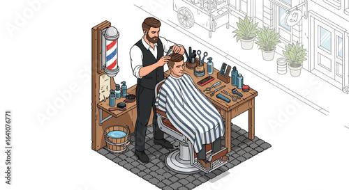 Barber giving a haircut to a client in a vintage barbershop