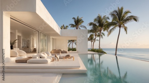 Modern white villa with infinity pool overlooking the ocean at s
