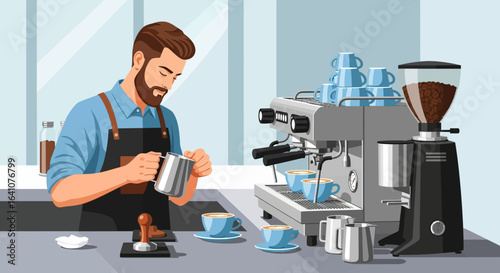 Barista skillfully prepares coffee with milk steaming and espresso machine