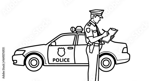 Black and white line art of a police officer in uniform writing a report on a clipboard next to a patrol car.