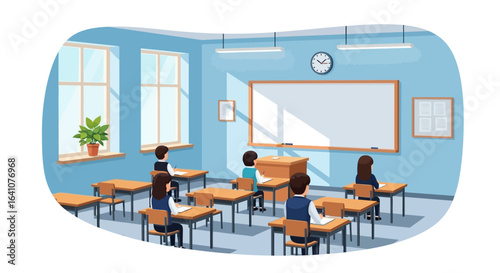 Bright, sunlit school classroom with students in uniform writing at their wooden desks.