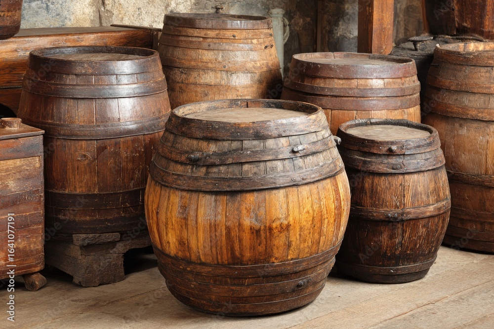 Fototapeta premium Aged wooden barrels in a cellar