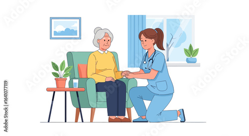 Caring female nurse in blue scrubs kneeling and holding hands with a senior woman in an armchair.