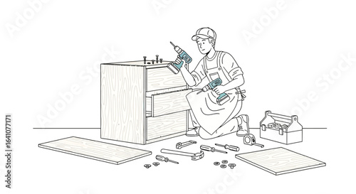 Carpenter Assembling a Wooden Cabinet with Power Drill and Tools