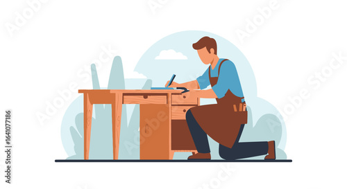 Carpenter at Work: Brown Apron, Blue Shirt, Woodworking Project