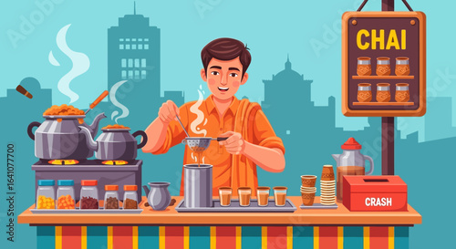 Cheerful Chai Vendor Preparing Hot Beverage with Steam and Ingredients