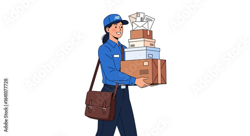 Cheerful female postal worker carrying stack of parcels and letters