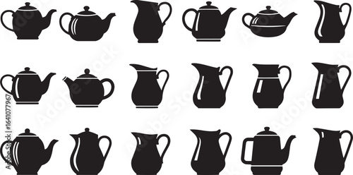 Teapot and Pitcher Silhouette Vector Set, Tea Kettle, Coffee Pot, and Jug Icons