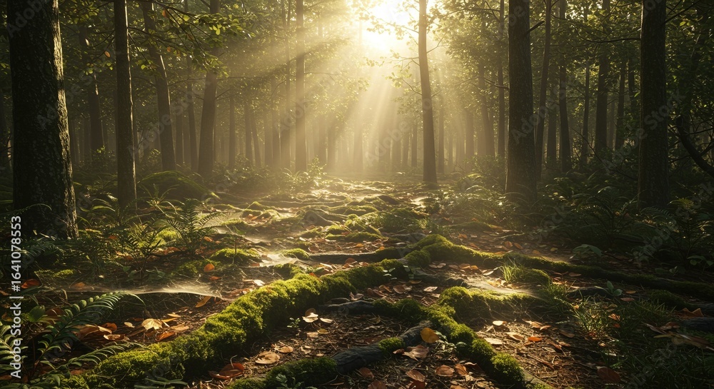 Obraz premium Sunlight streams through forest canopy, creating a stunning, peaceful natural landscape scene