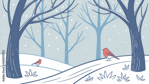 Snowy Winter Forest with Red Birds Peaceful Seasonal Landscape Illustration