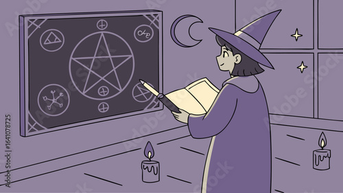 A witch in a room with candles and a chalkboard with symbols, holding a book and wearing a pointy hat