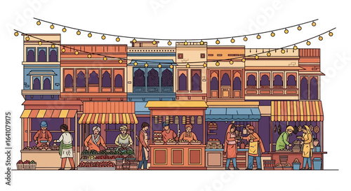 Colorful line art illustration of a bustling Indian street market with food stalls and traditional architecture under festive lights.