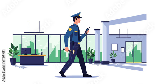 Confident Police Officer Walking with Radio and Flashlight
