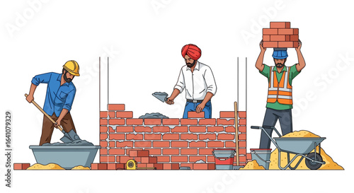 Construction workers building a brick wall with tools and materials