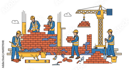 Construction Workers Laying Bricks with Crane and Tools