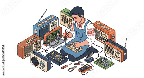 Craftsman in a traditional embroidered shirt soldering a vintage radio circuit board, surrounded by retro electronics.