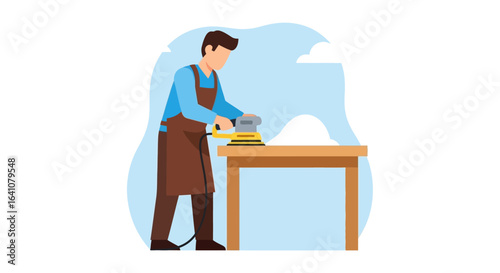 Craftsman Sanding Wood Surface with Electric Sander on Table