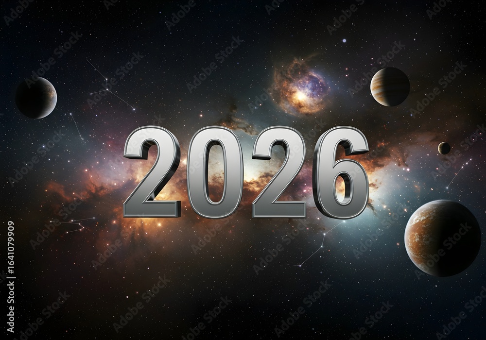 Naklejka premium 2026 Space Odyssey: 3D Render of a Futuristic New Year in the Cosmos
